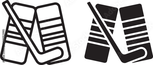 Hockey Stick and Shin Guards: Vector Icon Set, Sport Equipment Symbol, Black and White Design