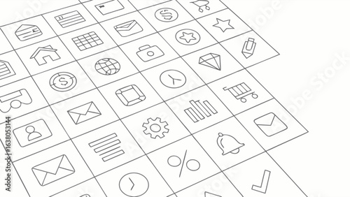 Grid of Thin Line Style Business and Technology Icons.