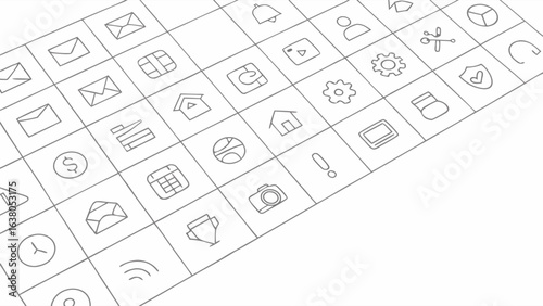 Handdrawn style icon set in a grid various symbols.