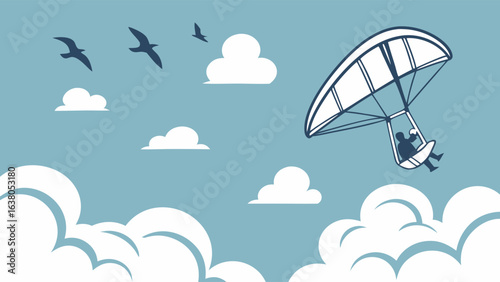 Hang Glider Soaring Through the Sky with Birds and Clouds.