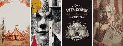 Vintage circus poster collection with retro tents, clowns, and performers in artistic collage and hand-drawn style. Perfect for event promotions, nostalgic décor, and creative designs.
