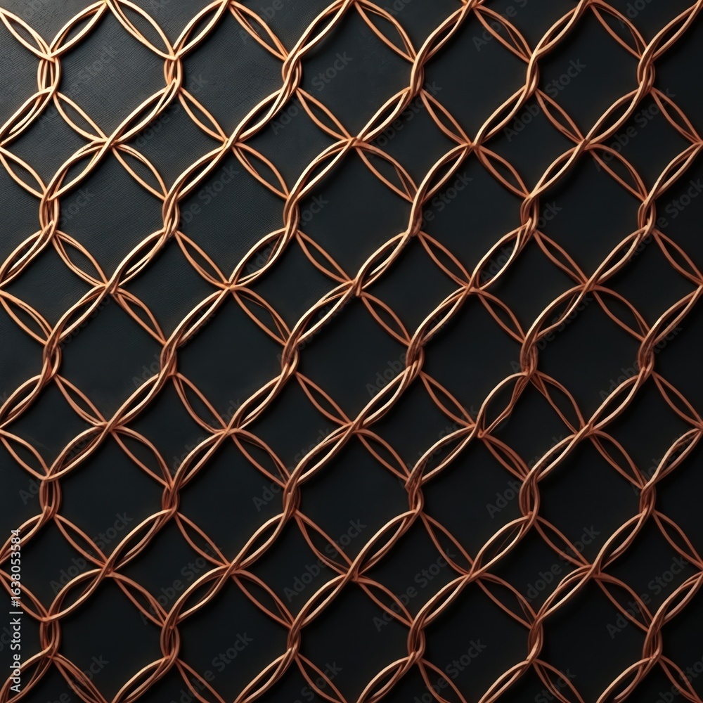 Fototapeta premium Seamless geometric pattern featuring intertwined copper circles on dark background. Elegant, decorative, modern repeating graphic with sophisticated abstract luxury texture. Ideal for fabric,