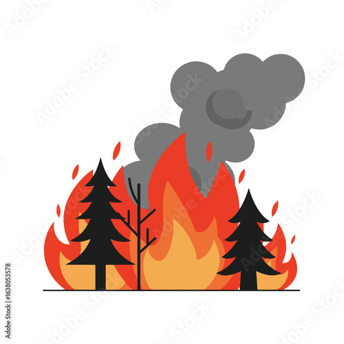 Forest fire illustration, depicting flames consuming trees and smoke rising.