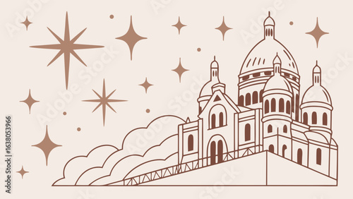 SacrCur Basilica outline with stars and clouds illustration.
