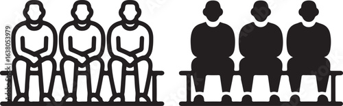Vector icon: Three people seated, simple sign, symbol of a waiting room, minimalist style.
