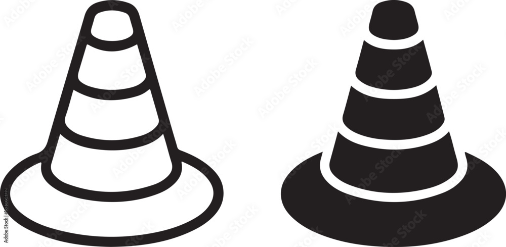 Fototapeta premium Traffic Cone Vector Icons: Simple, Bold Line and Solid Sign Symbols for Construction, Warning, and Safety.