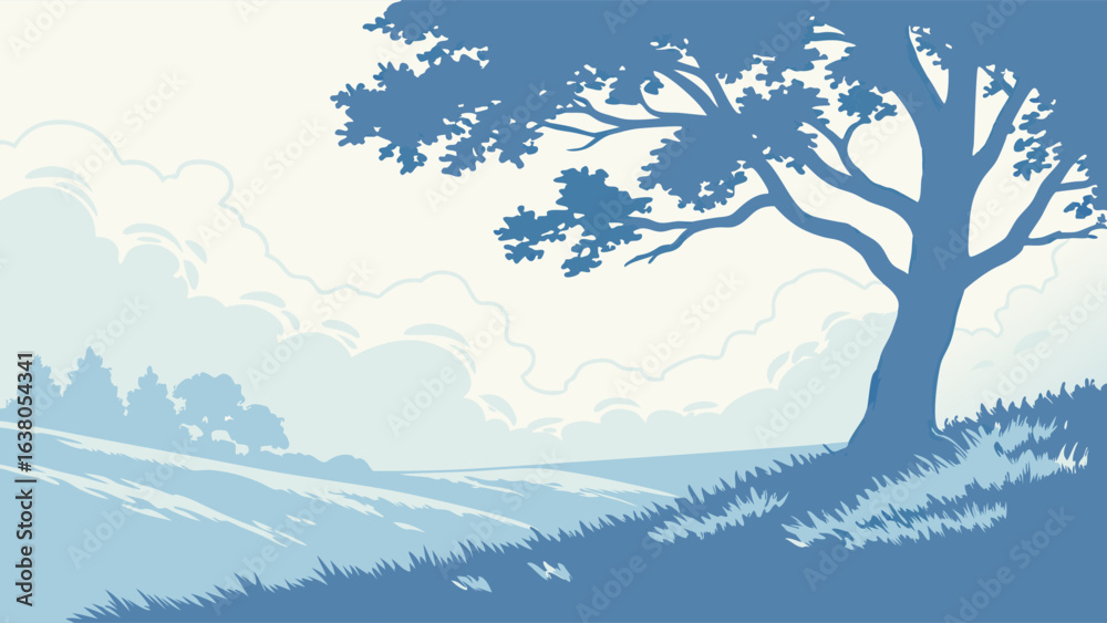 Fototapeta premium Silhouetted Landscape with Majestic Tree and Rolling Hills.