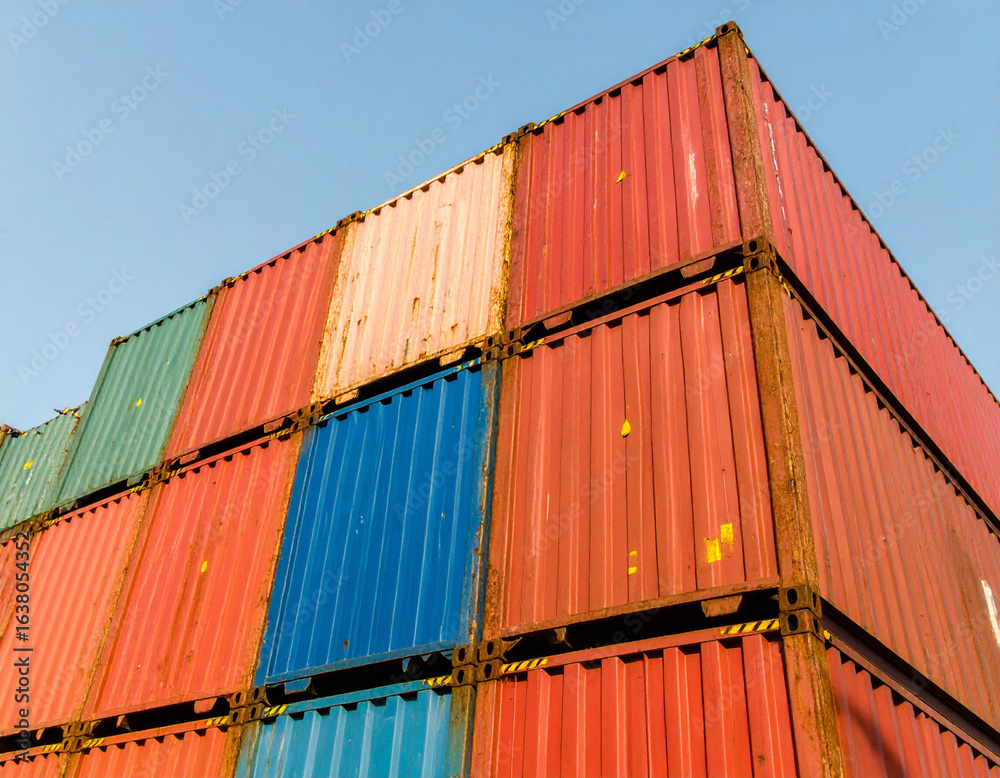 Fototapeta premium Stacked Shipping Containers: Colorful Cargo Boxes Against Blue Sky