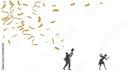 Silhouetted Couple Celebrating with Golden Confetti and Streamers.