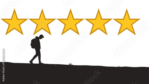 Silhouetted Hiker Walking Below Five Golden Stars.