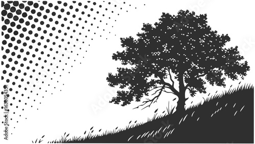 Silhouetted Tree and Grassy Hillside.