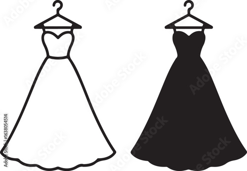 Elegant Wedding Dress Vector Icons:  Black and White Sign Symbols on Hangers.
