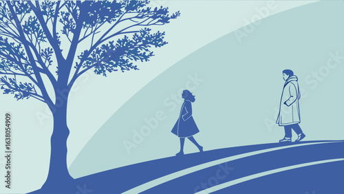 Stylized Illustration of People Walking Near a Tree.