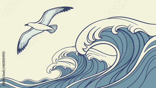 Stylized Seagull Soaring Above Powerful Ocean Waves.