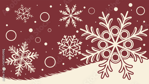 Stylized Snowflakes and Circles on a Burgundy Background with Snowdrift.