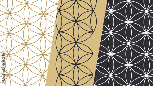 Three Flower of Life Geometric Patterns in Gold Black and White.