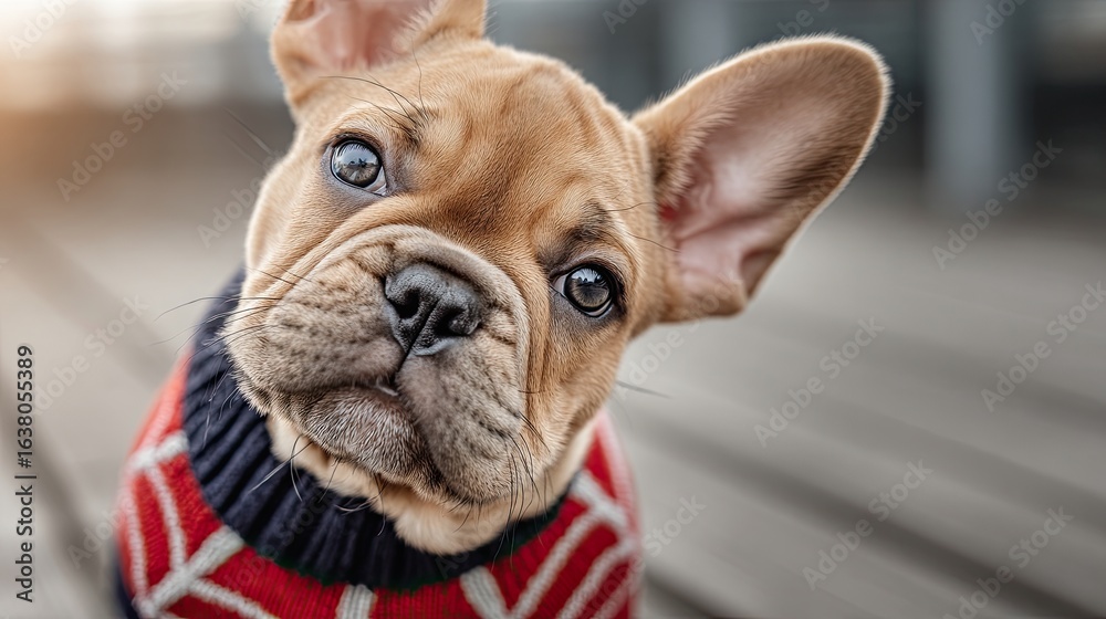 Obraz premium Halloween Theme Cute Pet Adorable Adorable French Bulldog puppy wearing a cozy sweater, looking curiously at the camera.
