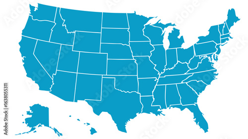United States of America Map with State Borders in Blue.