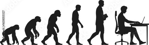 Evolution from ape to modern office worker sitting at desk with laptop, human progress, business development, technology advancement, silhouette isolated