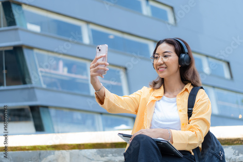 A woman is sitting on a ledge with a cell phone in her hand and a backpack on her lap. She is smiling and taking a selfie