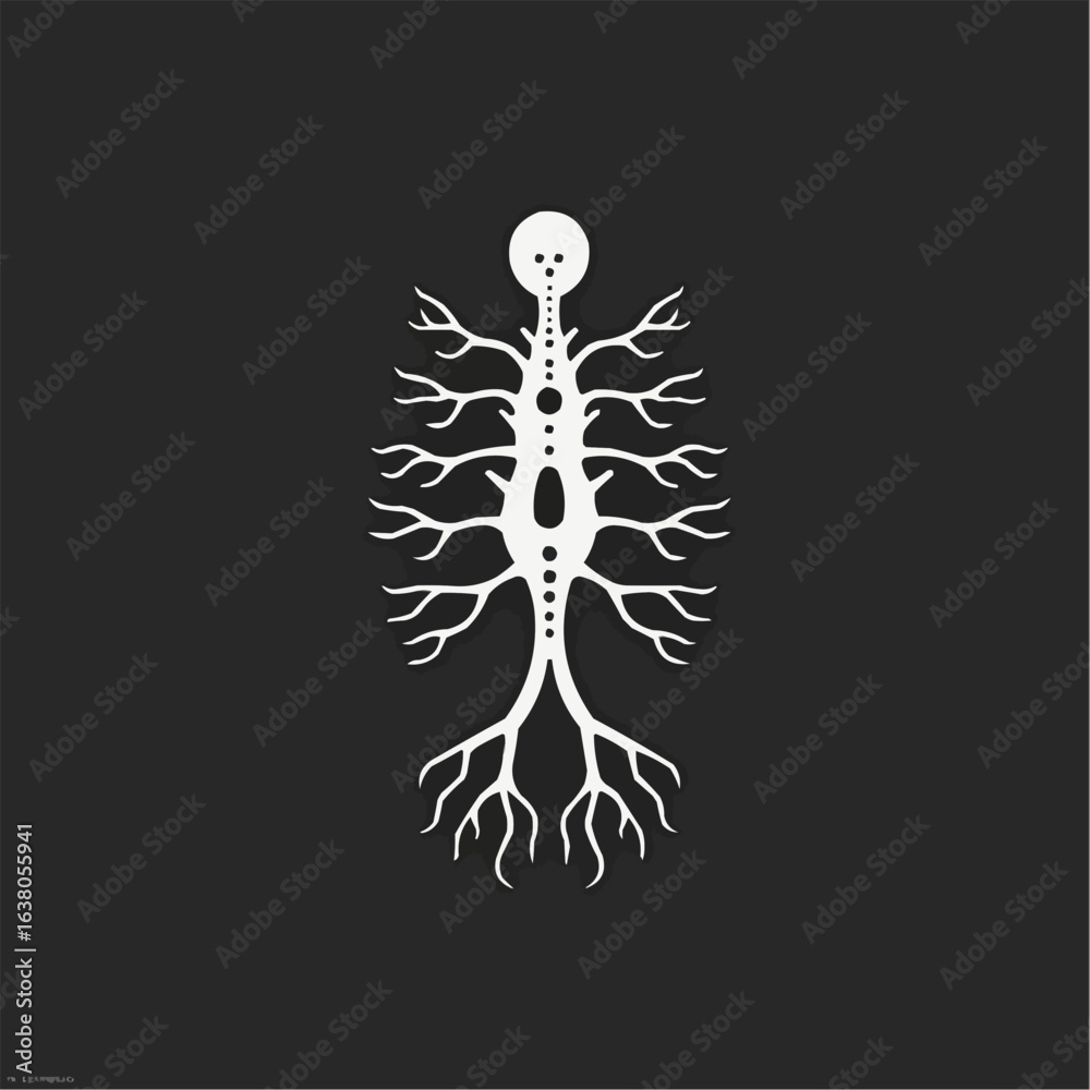 Nerve cell diagram in geometric style with exaggerated axon length  