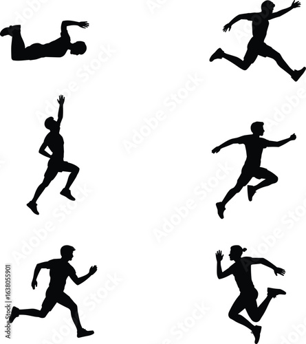 Silhouette athletes jumping, running, leaping, active sport poses, high jump silhouettes