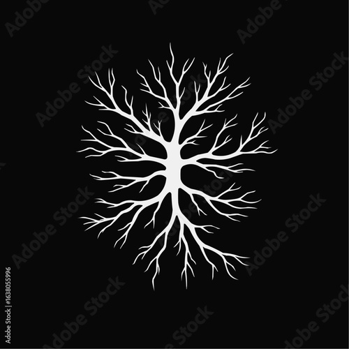 Black neuron with white negative space axon branches in vector style  