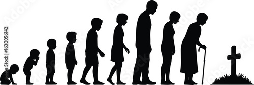 Human life stages, silhouette illustration, aging process, life cycle, growth and development, age progression, timeline, journey, phases, transitions
