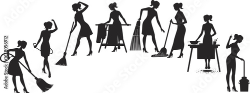 Housewife silhouette set, women doing household chores, cleaning, cooking, mopping, sweeping, laundry, domestic work vector, black on white