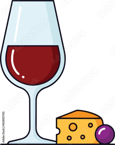 A stylized illustration of a glass of red wine with a wedge of Swiss cheese and a single purple grape.