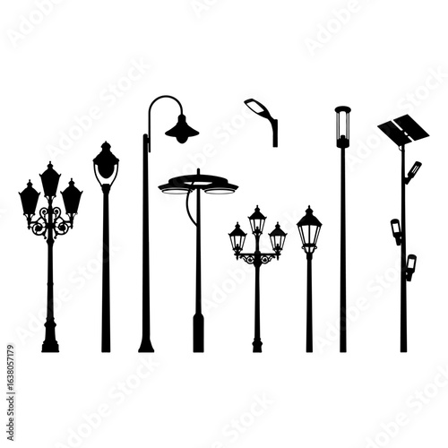 Collection of black silhouette street lamps and lampposts on white lighting