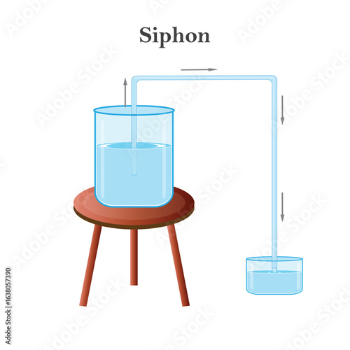 A siphon is a tube in an inverted U shape which enables a liquid, under the pull of gravity, to flow upwards and then downwards to discharge at a lower level. Siphon principle.
