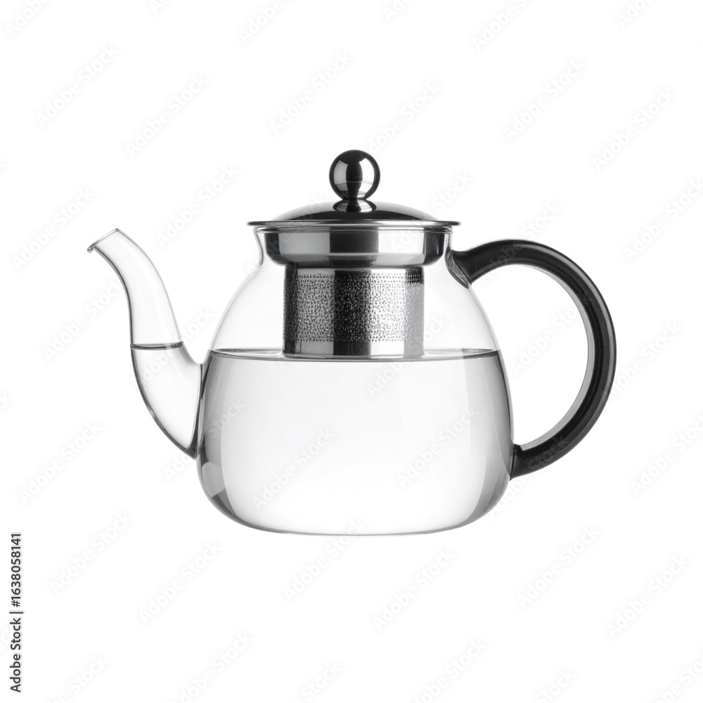 Fototapeta premium Glass teapot with stainless steel filter displayed on a neutral background for kitchen use