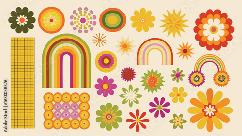 Retro floral and rainbow pattern with grid and circular elements on a cream background design style