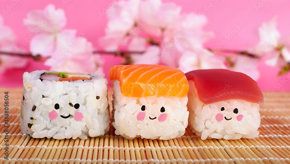 Adorable Sushi Characters with Cherry Blossoms on a Pink Background