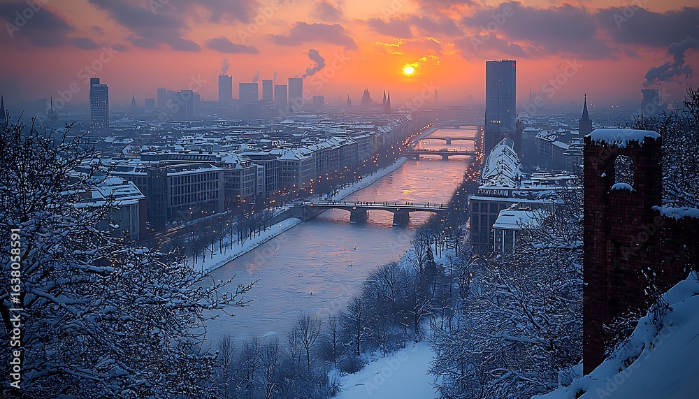 Fototapeta premium Winter sunrise over a European city, showcasing a river and bridges.