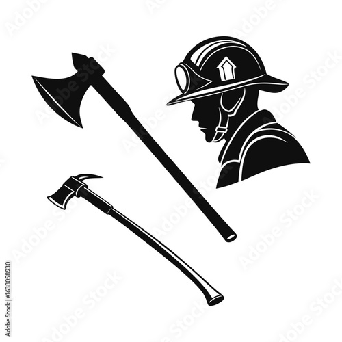 Black silhouette firefighter tools icon with bold side view.