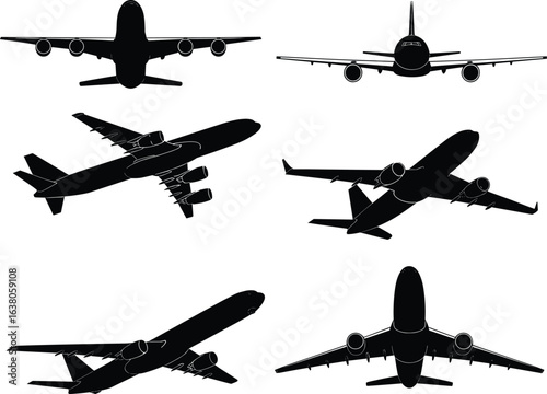 Set of airplane silhouettes, front and angled views, flying aircraft icons, commercial jet planes in black on white background