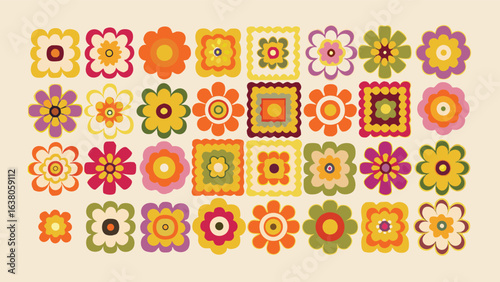 Collection of retro flowers and square floral designs in various colors and arrangements set on beige