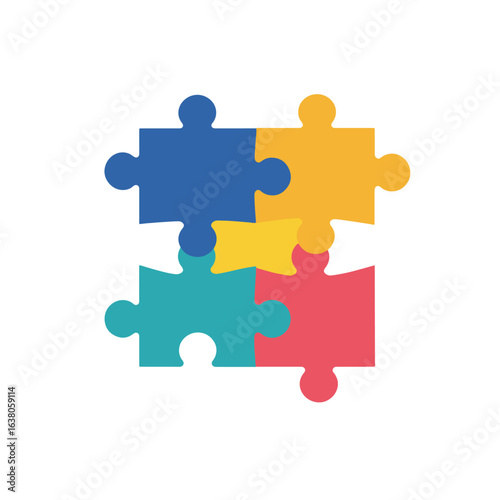 Four colorful puzzle pieces joined together, forming a cohesive whole.