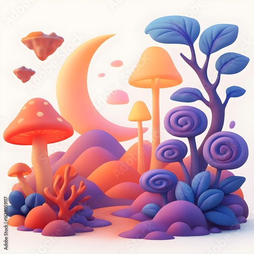 Pastel Fantasy 3D Landscape with Mushrooms and Crescent Moon