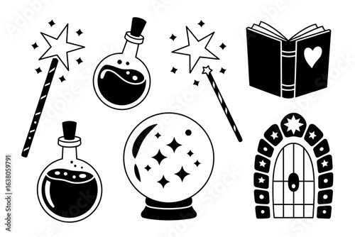 Magical elements collection featuring wands potions crystal ball and enchanted door