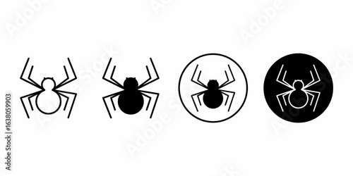 Spider icon set featuring outline and solid styles, with and without circular background. Spider icon isolated on white background. vector illustration.