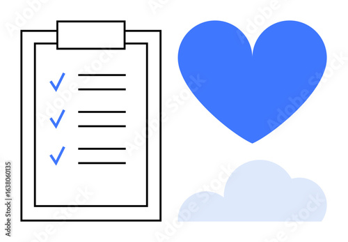 Clipboard checklist with checkmarks, blue heart, and cloud symbolizing organization, self-care, planning, goals, mindfulness, productivity and balance. Ideal for wellness blog productivity tools