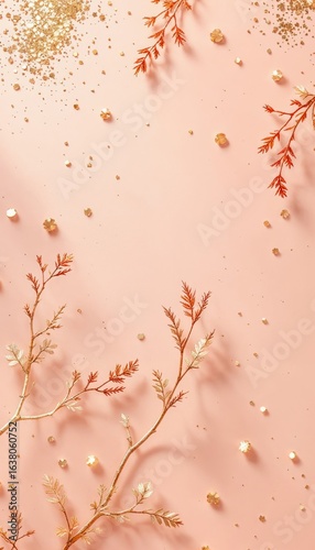 Beautiful Candid Photography of Natural Elements on Soft Pink Background with Delicate Gold Accents and Sparkling Glitter for Creative Projects