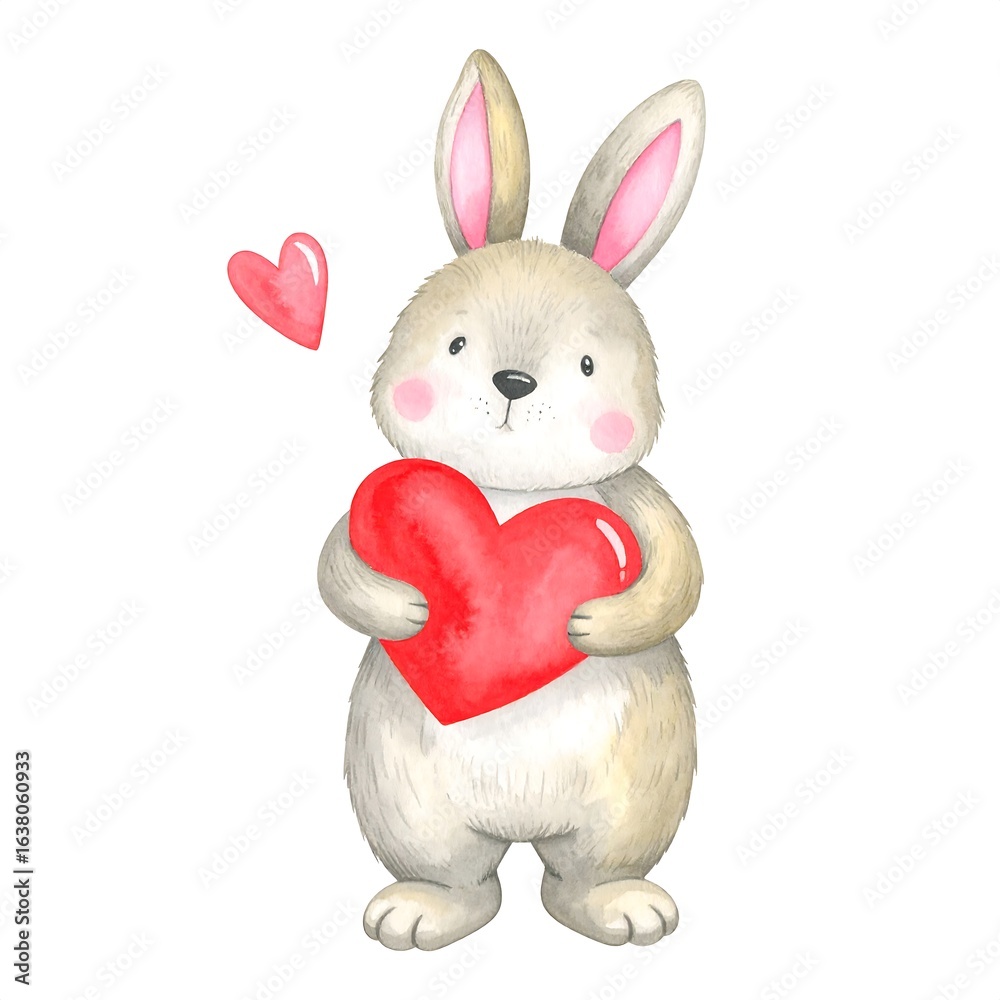 Fototapeta premium Adorable watercolor bunny holding a heart for Valentine's Day illustration