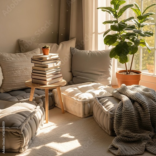 Cozy Reading Nook with Pillows, Books, and Sunlight