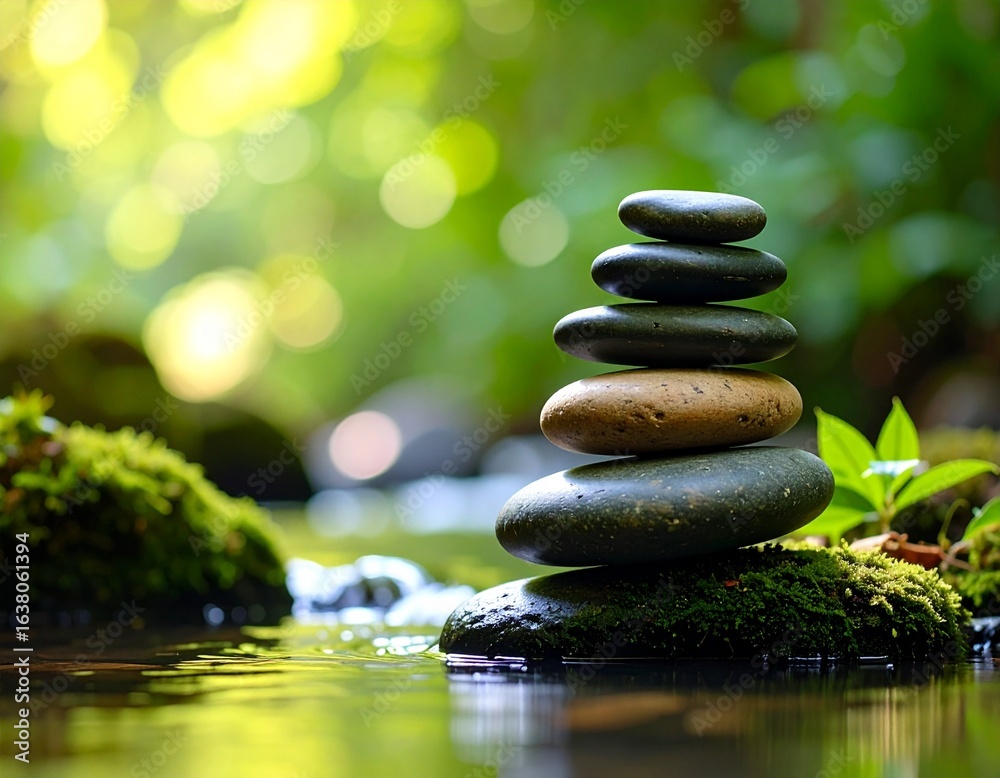Obraz premium A pile of river rocks balanced on the edge of a clear stream