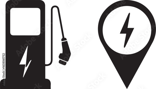 Electric Car Charging Station Icon with Power Location Pin – Black Silhouette Vector
