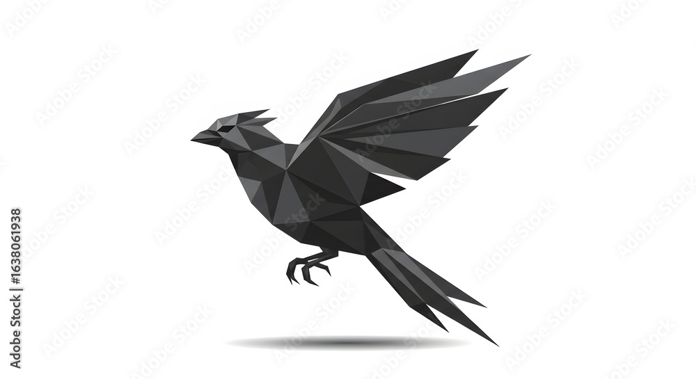 Fototapeta premium Angular grey bird illustration, wings outstretched, against a white background, low poly design